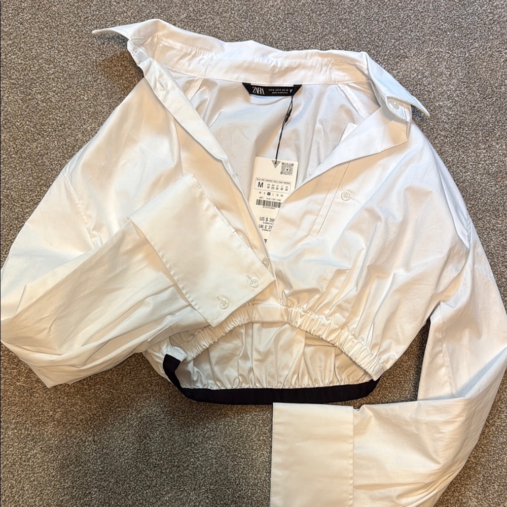 Zara white crop button down polo top